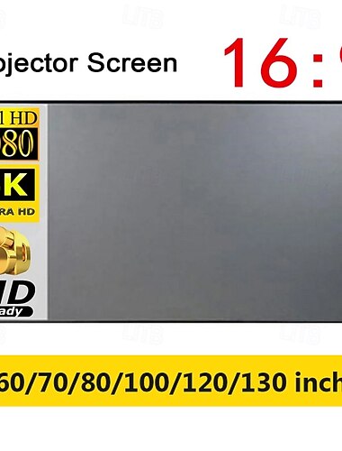  Projectiescherm 16:9 HD 4K, grijs, lichtwerend, draagbaar projectiescherm voor thuisbioscoop, opvouwbaar voor binnen en buiten, diverse formaten 60, 70, 80, 100, 120 en 130 inch, hoog contrast