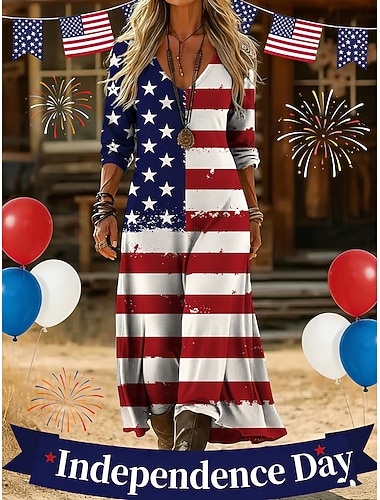  Día de la Independencia Mujer Vestido maxi Vestido vintage Vestido informal Vintage Diario Exterior Vacaciones Ajuste regular Bandera estadounidense Manga Larga Escote en Pico Rojo Verano Primavera