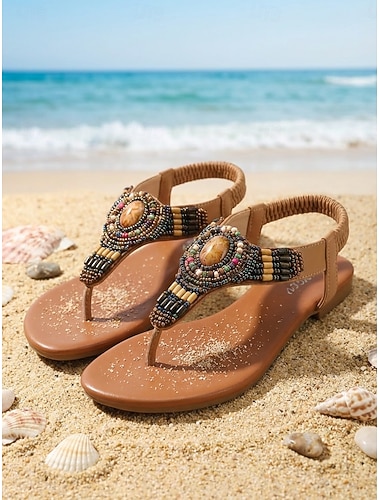  Sandales plates bohèmes à perles pour femmes - sandales ethniques tribales à bride en T et bride élastique à l'arrière, idéales pour les vacances à la plage et les séjours en bord de mer. & été
