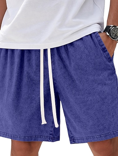  Homens 100% Algodão Calção Shorts casuais Shorts com lavagem ácida Bolsos Cintura elástica Lavado Conforto Respirável Comprimento do joelho Casual Ao ar livre Praia Férias Moda Preto Azul Marinha Sem