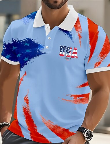  4 ביולי 2026, ה-250 בגדי ריקוד גברים דגל ארה"ב האמריקני חולצות פולו שרוולים קצרים חולצות פולו דש יום יומי בגדי ספורט ומנוחה כפתורים אביב קיץ פול לבן סגול