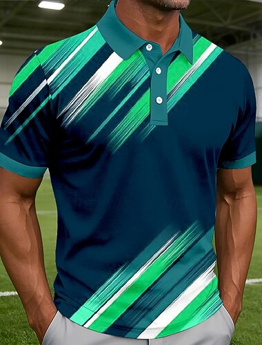  Herren Geometrisch Linie Poloshirts Kurzarm Polo-Shirts Hemden mit Kragen Lässig Athleisure Knöpfe Sommer Frühling Blau Meerblau Grün