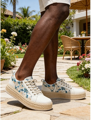  Beige herresneakers i lerret med mønstrede sidepaneler, pustende og stilige, ideelle for utendørsaktiviteter, reiser og uformelle utflukter