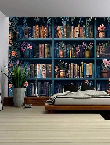  Modernes Bücherregalmuster, Landschafts-Wandteppich, Digitaldruck, malerischer Wandbehang für Schlafzimmer, Wohnzimmer, Studentenwohnheim, Heimdekoration, Fotohintergrund