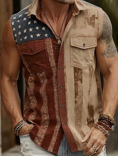  Herren 250. Jahrestag des Unabhängigkeitstages der USA am 4. Juli US Flagge Hemd Knopfhemd Ärmelloses Shirt Ärmellos Patriotisch Ferien Sommer Frühling Umlegekragen Zwei Fronttaschen Weiß Khaki