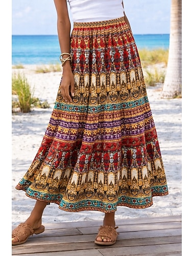  Damen Urlaubsrock Bohemien Vintage Maxi Hohe Taille Röcke Blumen Grafik Tasche Druck Unelastisch Täglich Urlaub Rosa Rote Sommer 95 % Polyester, 5 % Elastan