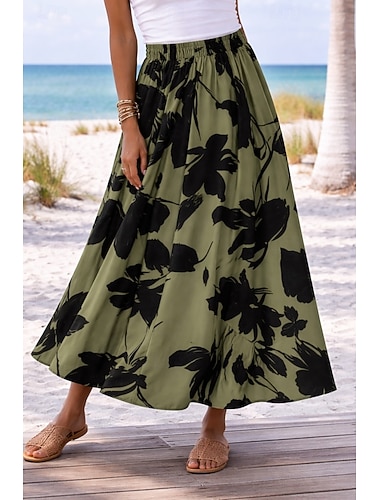  Damen Urlaubsrock Elegant Mode Lässig Maxi Hohe Taille Röcke Blumen Grafik Tasche Druck Mikroelastisch Täglich Urlaub Weiß Grün Sommer 95 % Polyester, 5 % Elastan