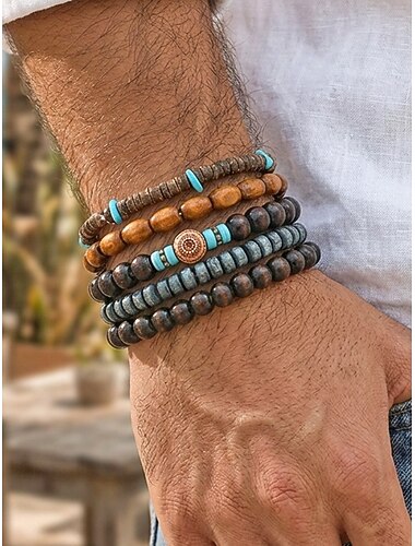  Herenarmbandenset in bohemian stijl met stapelbare houten kralen, meerlaagse armband in tribale etnische stijl met turquoise accenten, handgemaakte sieraden voor strandvakanties en dagelijks gebruik.
