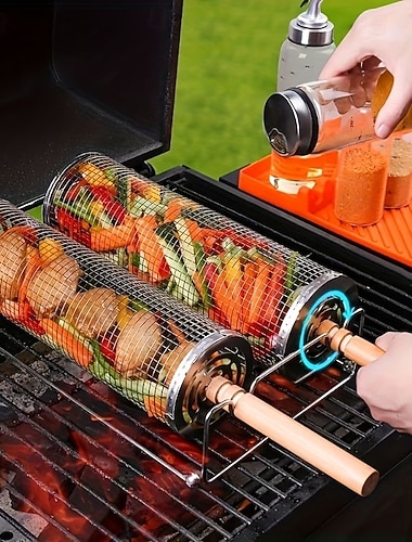  2 kpl ruostumattomasta teräksestä valmistettu grillisarja puisilla kahvoilla &ripustuskoukku, kestävä kannettava ulkogrilli, grillikori &pihdit, tasainen lämmönjako, yhteensopiva