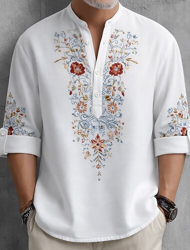  Homme Imprimé Floral Ethnique Fleurs Chemise Chemise Boutonnée Chemise Henley manche longue Vintage Rétro Occasionnel Vacances Mariage Été Printemps Col mandarin Col montant Impression 3D Chemise en