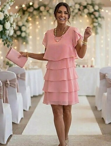  Dam Mini klänning Cocktail klänning Bröllopsgästklänning Chiffongklänningar Nivåklänning Elegant Klassisk Kvällsfest Datum Utekväll Normal Ren färg Kortärmad Rund hals Rodnande Rosa Vin Rubinrött Höst