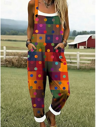  Dames Al met al Actief Ruitjes Mouwloos Mouwloos Vierkante hals Zak Afdrukken Dagelijks Vakantie Ruim Passend Regenboog Zomer