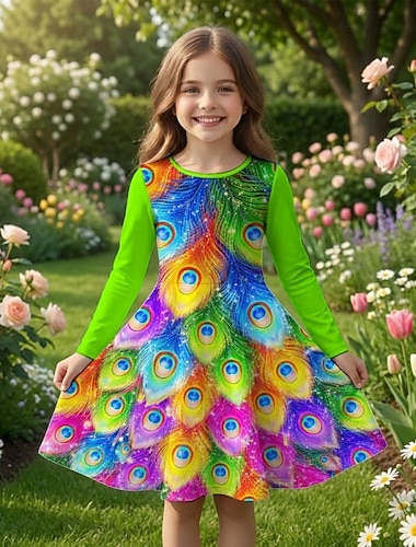  Jenter' 3D Grafisk Påfugl Kjole Langermet 3D-utskrift Vår Høst Daglig Feriereise Fest Fritid Prinsesse Vakker Barn 4-12 år Uformell kjole Kjole med A-linje Knelang Normal
