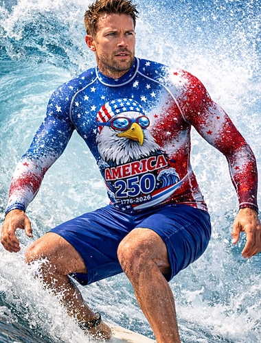  Herre Normal Amerikas 250-årsjubileum Uavhengighetsdagen Rash-guard Svømmeskjorte Nasjonalflagg UPF50+ UV Beskyttelse Hurtigtørkende Langermet Badetøy Ikke-Klø Klær Surfing Kanopadling Strand Sommer