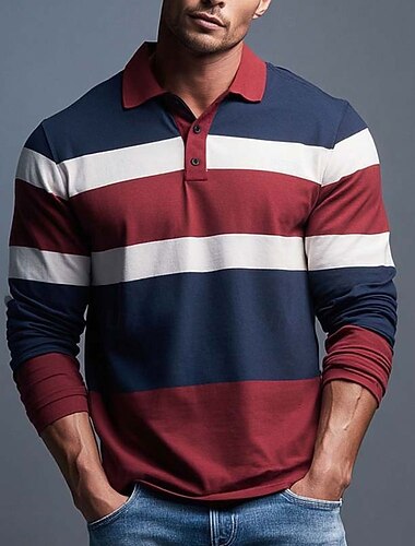  Per uomo Strisce orizzontali Polo da rugby Manica Lunga Magliette polo Camicie con Colletto Casual All'aperto Athleisure Stampa 3D Primavera Autunno Blu Rosso Marrone
