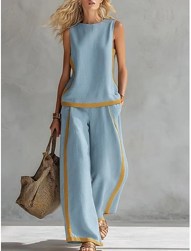  Mujer Conjuntos de dos piezas Chaleco Camis Sin Mangas Escote Redondo Bloque de color Moda Ropa de calle Casual Diario Exterior Blanco Vino Azul Marino Verano Ajuste regular