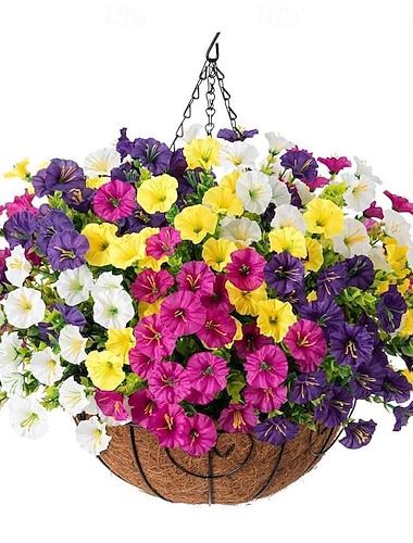  Künstliche Gartenblumen mit Hängeampeln, UV-beständige Kunstpetunien mit Hängepflanzgefäß für die Frühlingsdekoration von Haustür und Veranda.