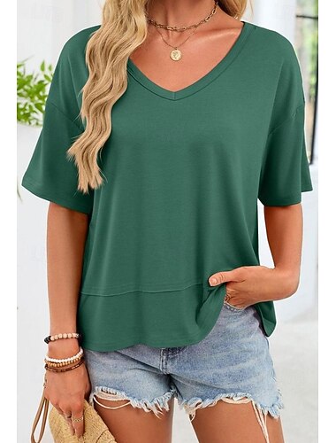  Dam Löst sittande T-shirt T-shirts Lappverk Multi lager Ensfärgat Elegant Stylish Ledigt Halvlång ärm V-hals Långa toppar Dagligen Utekväll Svart Vit Rodnande Rosa Vin Marinblå Sommar Vår