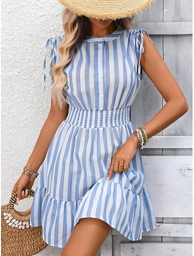  Mujer Mini vestido Vestido informal Vestido de lino sintético Elegante Moda Moderno Exterior Vacaciones Noche Ajuste regular A Rayas Sin Mangas Cuello Barco Rosa Rojo Gris Oscuro Azul claro Verano