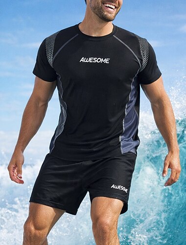  رجالي معيار واقي الطفح الجلدي من قطعتين قميص ركوب الأمواج شورتات ملابس السباحة حجب الألوان رباط مع بطانة الضغط حماية من الأشعة فوق البنفسجية سريع جاف متنفس كم قصير ملابس السباحة
