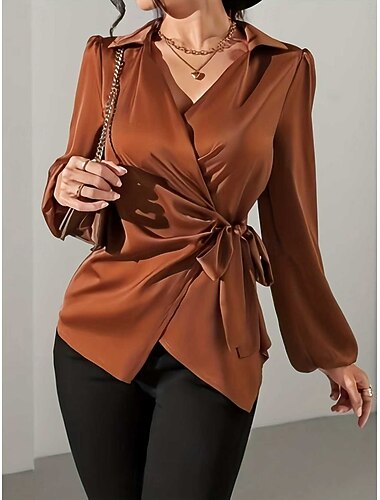  Per donna Camicia Blusa Nodo frontale Tinta unica Vintage Elegante Moderno Manica Lunga Scollo a V Top Regolari Quotidiano Lavoro Uscire Marrone Estate Primavera