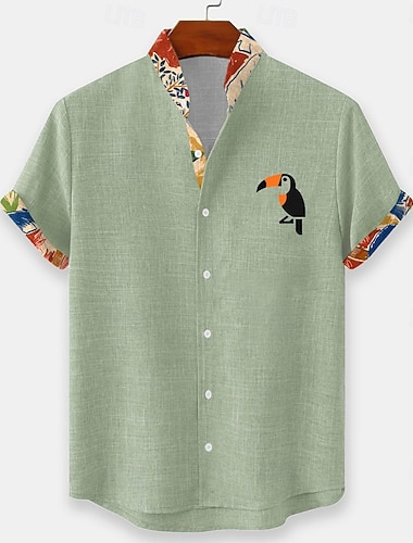  בגדי ריקוד גברים ציפור צמחים טרופיים טוקאנים חולצת הוואי חולצה עם כפתורים חולצת צווארון סטנד שרוולים קצרים הוואי קזו'אל חופשת חוף קיץ אביב צווארון מנדרינה הדפסת תלת מימד חולצה כמו פשתן