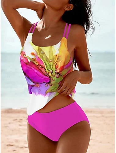  Damen Badeanzug Tankini Zweiteilig Freche Unterhose Bademode Bauchkontrolle Hohe Taille Schlank Rückenfrei Urlaub Strandbekleidung Blumen U-Ausschnitt Ärmellos Badeanzüge
