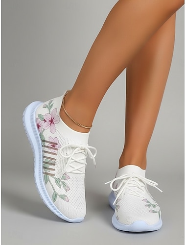  Sneakers Flyknit da donna bianche con stampa floreale: scarpe sportive traspiranti e leggere, ideali per camminare, viaggiare, andare in palestra e per tutti i giorni.