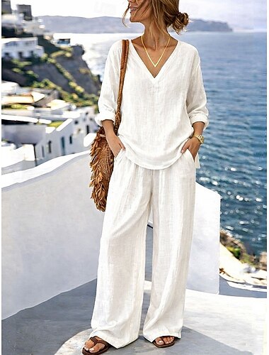  Damen Baumwoll-Leinen-Sets Hosen-Sets Langarm V Ausschnitt Einfarbig Mode Streetwear Lässig Täglich Outdoor Blau Weiß Braun Sommer Lässiger Schnitt