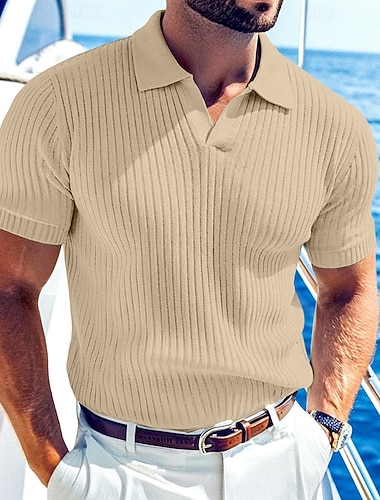  Herren Rippenstrick-Top Golf Poloshirts Lässig Arbeit Revers Gerippter Polokragen Kurzarm Basic Modern Einfarbig Knöpfe Gestrickt Frühling & Sommer Ganzjahres Normale Passform Blau Schwarz Wei