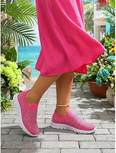  Dames instapsneakers met roze strasssteentjes - ademend Flyknit-bovenwerk, lichtgewicht &Glanzende, casual sportschoenen voor wandelen, joggen, reizen en dagelijks gebruik. &lichte trainingen