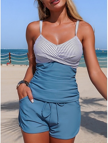  Damen Badeanzug Tankini Zweiteilig Shorts Bademode Bauchkontrolle Hohe Taille Schlank Rückenfrei Urlaub Strandbekleidung Gestreift V Ausschnitt Ärmellos Badeanzüge