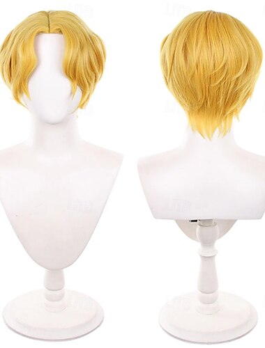 Peruca curta dourada com risca ao meio, estilo aventureira do oceano, para cosplay ou festa temática de anime.