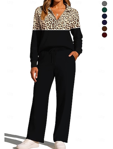  Damskie Bluza dresowa Dres Spodnie dresowe Ściągana na sznurek Kieszeń Panterka Rozpinana bluza i spodnie dresowe Zestaw odzieży sportowej Odzież domowa Lato Wiosna Jesień Zima Czerwono-brązowy Czarny