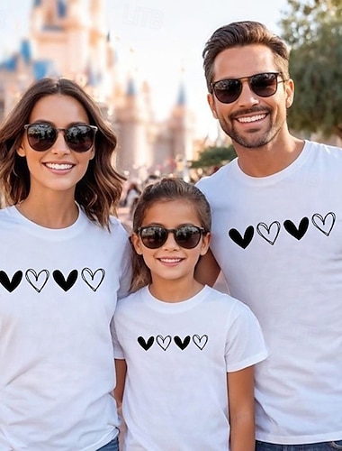  Famiglia Maglietta Top Cuore Casuale Stampato Nero Bianco Manica Corta Attivo Abiti coordinati