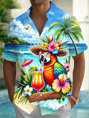  Herre Papegøye Tropiske planter Blomster Hawaii skjorte Skjorte med knapper Aloha skjorte Kortermet Hawaiisk Feriereise Sommer Vår Aftæpning 3D-utskrift krage skjorter Front One Lomme Blå
