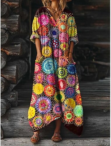  Dam Maxiklänning Boho-klänning Vardagsklänning Klänning med tryck Vintage Utomhus Semester Helgen Lös passning Blommig Grafisk Långärmad V-hals Regnbåge Sommar Vår Höst