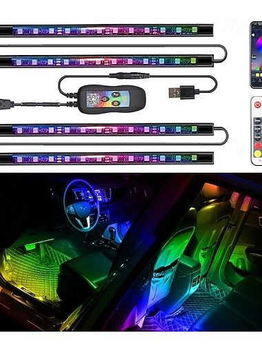  LED-stripelys, smarte RGB-innvendige billys med appkontroll, musikkmoduser og millioner av farger, LED-lys for bildekor, DC 12V