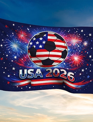  USA 2026 Fußball-Feierflagge – patriotisches Design mit amerikanischer Flagge, Fußball, Feuerwerk, Sternen und dem Schriftzug „USA 2026“, strapazierfähig
