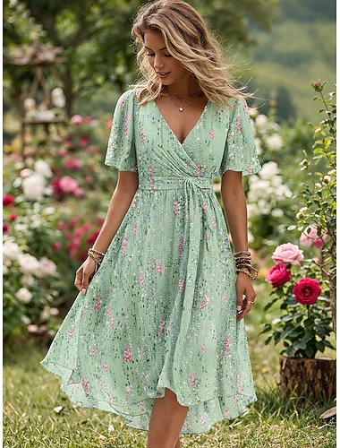  Damen Midikleid Cocktailkleid Chiffonkleid Blumenkleid Mode Modern Urlaub Ferien Teegesellschaft Normale Passform Blume Kurzarm V Ausschnitt Hellgrün Rote Dunkelgrün Gold Sommer