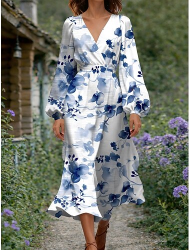  Damen Midikleid Figurbetontes Kleid Halbformelle Kleider Büro Date Normale Passform Blumen Grafik Langarm V Ausschnitt Blau Gelb Purpur Grün Sommer Frühling