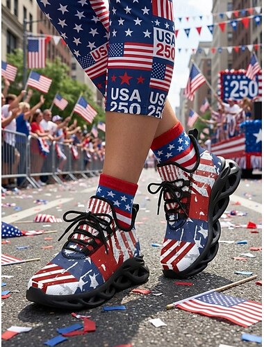  USA 250 Flag løpesko for kvinner – lette, pustende og snøresko, patriotiske stjerner &striper stil for uavhengighetsdagen, parader, gatefestivaler, utendørs turgåing &fritidsklær
