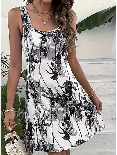  Damen Minikleid A Linie Kleid Sommerkleid Schulterfreies Kleid Urlaub Lässig Täglich Strand Ferien Normale Passform Blumen Grafik Ärmellos U-Ausschnitt Blau Schwarz Purpur Sommer