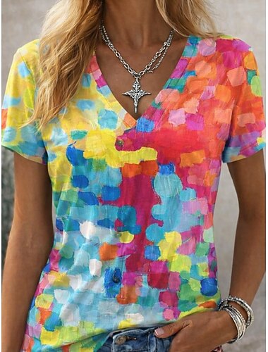  Dames T-shirt Afdrukken Grafisch Kleurgradatie Abstract Vintage Stijlvol Klassiek Korte mouw V-hals Normale tops Dagelijks Groen En Blauw Regenboog Donkergrijs Zomer Lente