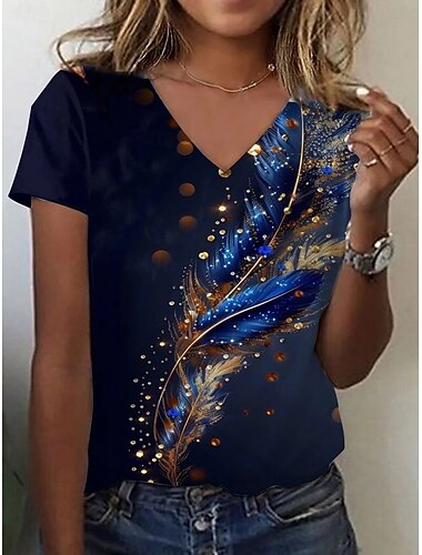  Dames T-shirt met grappige citaten, grafische print, abstract, vintage, stijlvol, casual, korte mouwen, V-hals, normale tops, dagelijks, uitgaan, weekend, zilver/zwart/zilver/zwart+blauw, zomer,