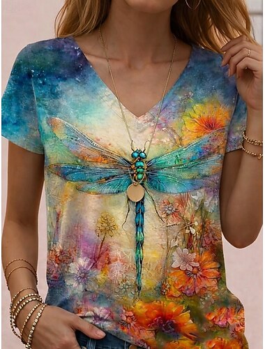  Dames T-shirt Afdrukken Grafisch Kleurgradatie Abstract Vintage Stijlvol Klassiek Korte mouw V-hals Normale tops Dagelijks Groen En Blauw Regenboog Donkergrijs Zomer Lente