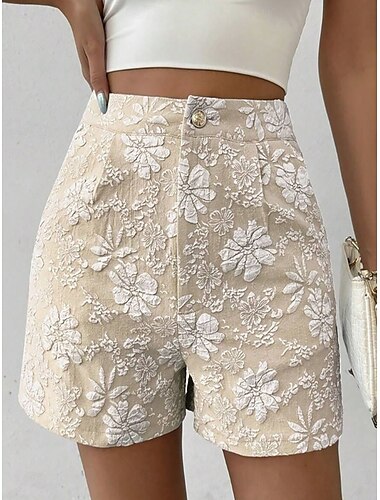  Mulheres chinês Calção Elegante Férias Roupa de rua Curto Cintura Média Floral Jacquard Bolsos Confortável Conforto Respirável Micro-Elástica Diário Ao ar livre Streetwear Cinzento Claro Adamascado