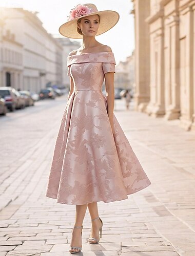  A-linje Te-lengde Gjestekjole til bryllup Formell kjole Derbykjole Kjole til brudens mor Kortermet Løse skuldre Elegant Pastell Formell Jacquard med Plissert