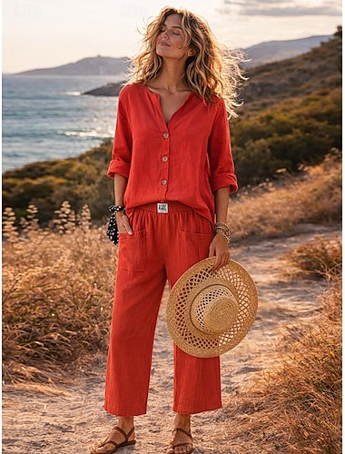  completi coordinati da donna camicie di cotone set camicia pantaloni di cotone pantaloni casual camicia mix &completo coordinato 2 pezzi sportivo streetwear semplice quotidiano manica lunga estate