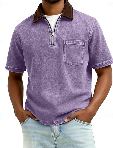  Herren Reißverschluss-Polo Gewaschenes Hemd Lässig Revers Viertelreißverschluss Kurzarm Vintage Einfarbig Patchwork Betrübt Sommer Frühling Ganzjahres Normale Passform Armee-Grün Schwarz Rosa